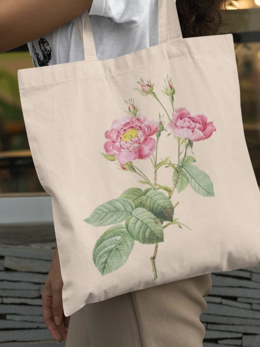 Provence Rose Vintage Floral Print Graphic Canvas Tote Bag